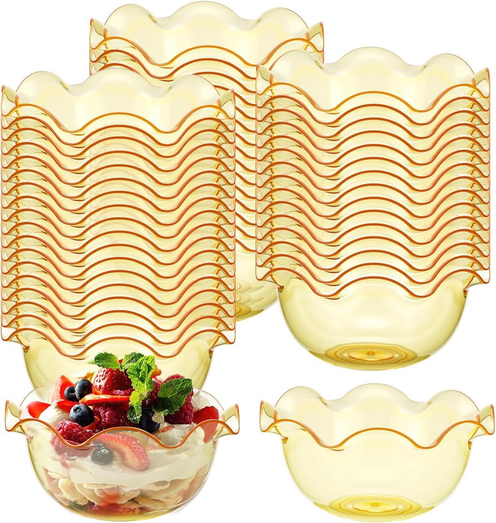 Newtay 50pcs 6oz Small Plastic Dessert Bowls Ice Cream Bowls Reusable Flower Shaped Party Serving Elegant Buffet Serving Cups for Nuts, Salad, Fruit, Snacks and Yogurt (Gold)