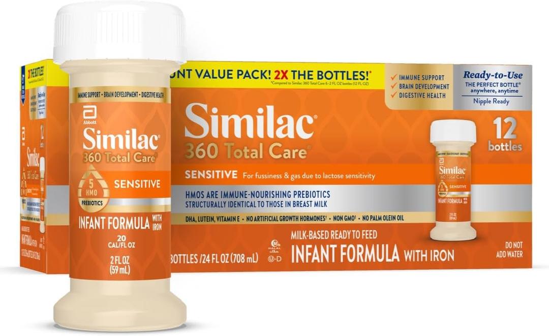 Similac 360 Total Care Sensitive Infant Formula for Fussiness & Gas Due to Lactose Sensitivity, Has 5 HMO Prebiotics, Baby Formula, Ready to Feed, 2-fl-oz Bottle, Pack of 12