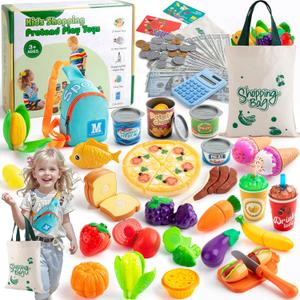 Play Food Sets for Kids Kitchen, 68PCS Grocery Store Pretend Play with Shopping Bags, Sling Bag,Calculator, Cutting Play Food, Play Money, Play Kitchen Accessories for Age 3+ Role-Play Games Gift