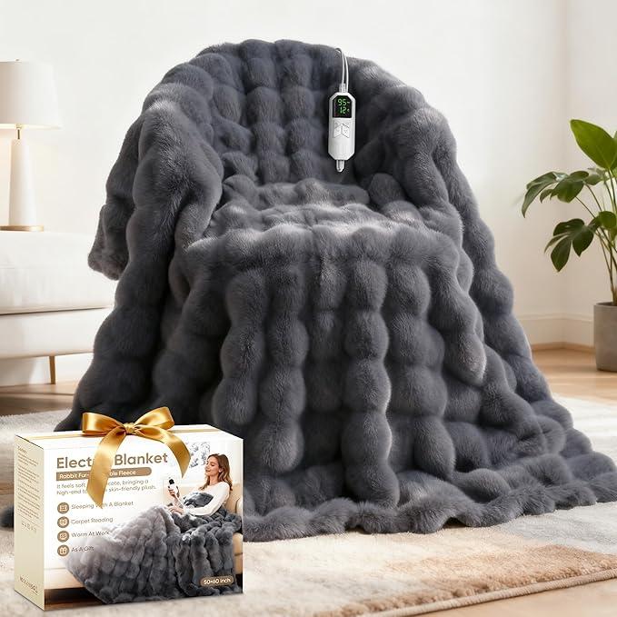 Heated Blanket,Flannel & Faux Rabbit Fur Bubble Fleece Electric Throw Blanket,6 Heat Settings,1-10 Hour Auto-Off,Overheat Protection,ETL Certified, Machine Washable,Dark Gray