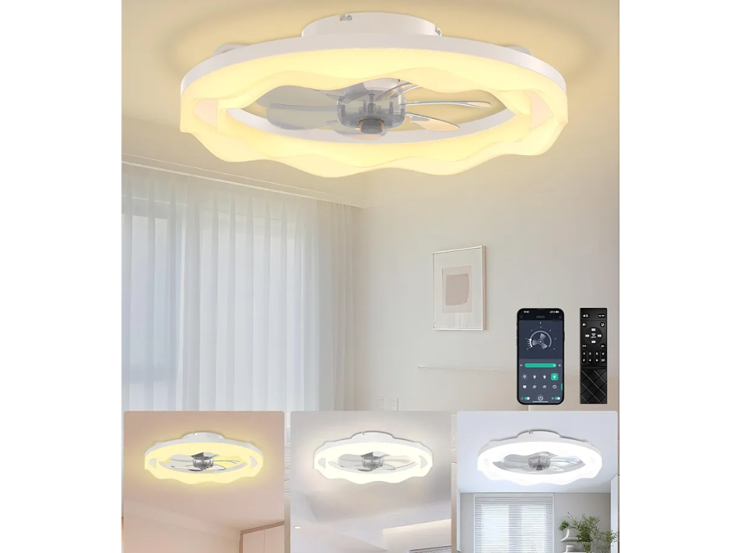 Ceiling Fans with Lights and Remote, 20'' Low Profile Ceiling Fan, 3000K-6500K Dimmable LED Fan Light APP Control, 6 Wind Speeds White Modern Fandelier Flush Mount Ceiling Fans for Bedroom Kids Room