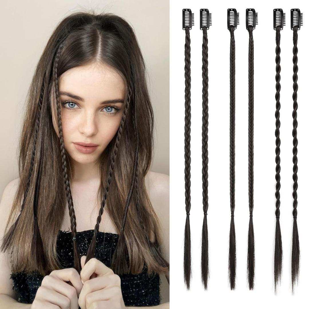 REECHO 6PCS Clip in Braid Hair Extensions for Women 14 Inch Clip in Braids Synthetic Braided Hairpieces for Daily Costume Party, Black Brown