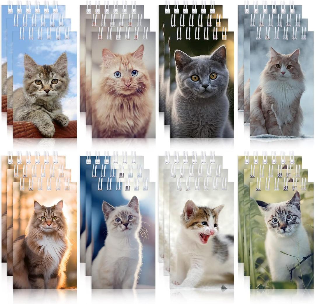 Teling 24 Pcs Cute Cat Party Favors Cat Mini Notepads Spiral Pocket Notebook Small Kitten Notepads for Party Decoration Rewards Office Travel Supplies, 2.4 x 3.9 Inches
