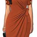 oten Women's Classic Ruffle Sleeve V-Neck Tie Belt Wrap Bodycon Office Cocktail Party Nightout Dresses Rust Red Large