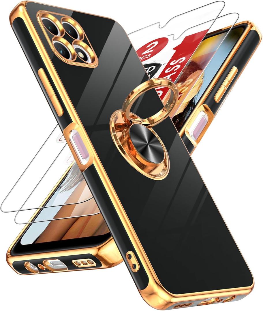 LeYi for Revvl 7 5G Case:       with 2 Pack Tempered Glass Screen Protector and 360 Rotatable Ring Holder Magnetic Kickstand, Plating Rose Gold Edge Case, Black
