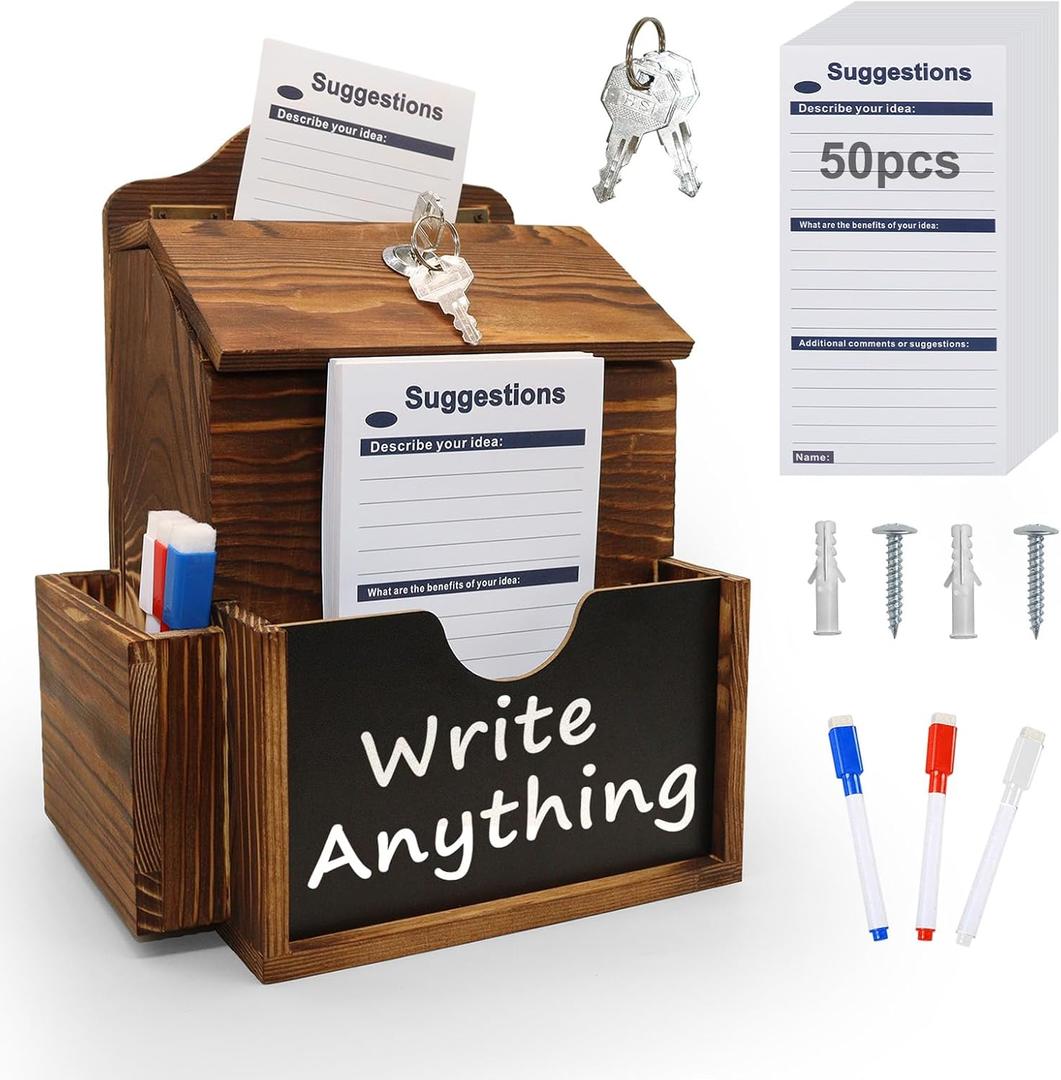 SAMYUCHO Suggestion Box with 50 Suggestion Cards Wood Donation Box with Slot and Lock Prayer Boxes for Fundraising Tip Drop Ballot Boxes Wall Mounted with Chalkboard and Keys for Church Office