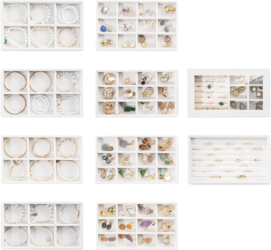 ProCase Jewelry Organizer Tray Jewelry Storage Box, Stackable Velvet Jewelry Drawer Organizer Inserts Earring Holder for Stud Earring Necklace Rings Bracelet -Grey, 10 Layers, Small (Amber White)