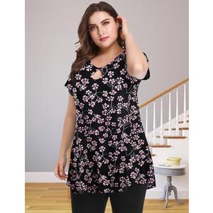 Plus Size Tunic Tops for Women, Women's Sexy Keyhole Short Sleeve Loose Fit Shirts Blouses, 2XL