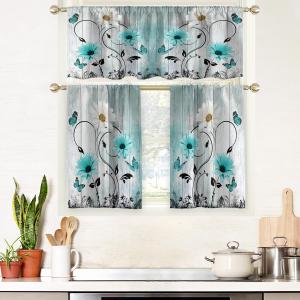 AAtter Teal Floral Kitchen Curtains and Valances Set 3 Piece Farmhouse Flower Vintage Rustic Country Butterfly Daisy Rod Pocket Small Short Tiers Living Room Bedroom Bathroom 52x18 inch + 26x36 inch*2