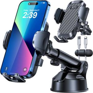 HTU 2025 Best Car Phone Holder 100+LBS Strongest Suction & Military 5-in-1 Universal Upgrade Truck Windshield Dashboard Vent Mount Stand for iPhone 16 15 14 AndroidPatent & Safety Certs, Black