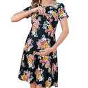 Womens Nursing Dresses Breastfeeding Short Sleeve Drawstring Maternity Nursing Dress with Pockets, L