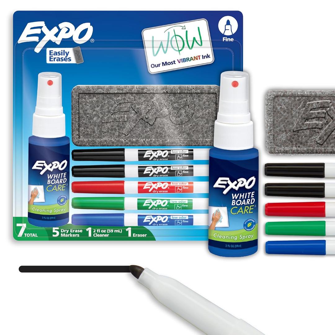 EXPO Dry Erase Markers Kit, Fine Tip, Assorted Colors, Eraser, Spray Cleaner, 7 Count