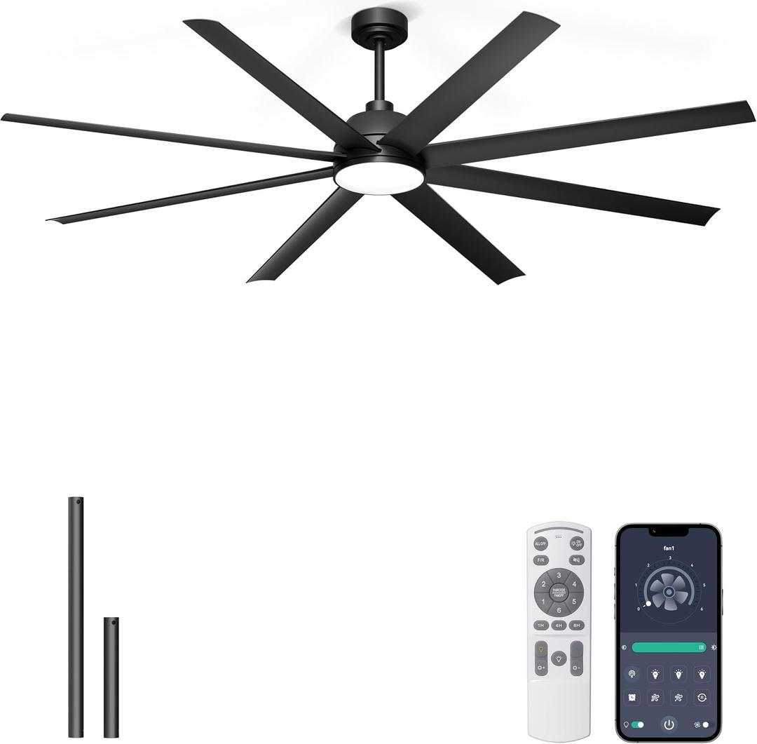 72'' Ceiling Fan with Light - Remote & APP Control, 3 CTT Dimmable, 6 Speed Reversible DC Motor Fan for Shop, Garage, Covered Outdoor, Black, 72 Inch 8 Blades