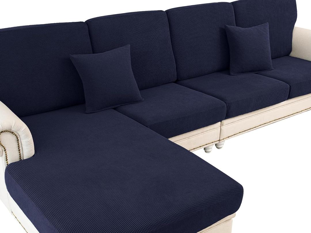 LA MEACK Couch Cushion Covers for Sectional Sofa L Shape Washable Separate Seat Chaise Couch Cover Stretch Sofa Slipcovers with 2 Pcs Pillowcases(3 Seater + 1 Chaise, Navy)