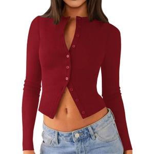Matunana Womens Long Sleeve Tops Fall Lightweight Cardigan Cropped Going Out Shirts Ribbed Button Down Cute Trendy 2026 (Large, Red)