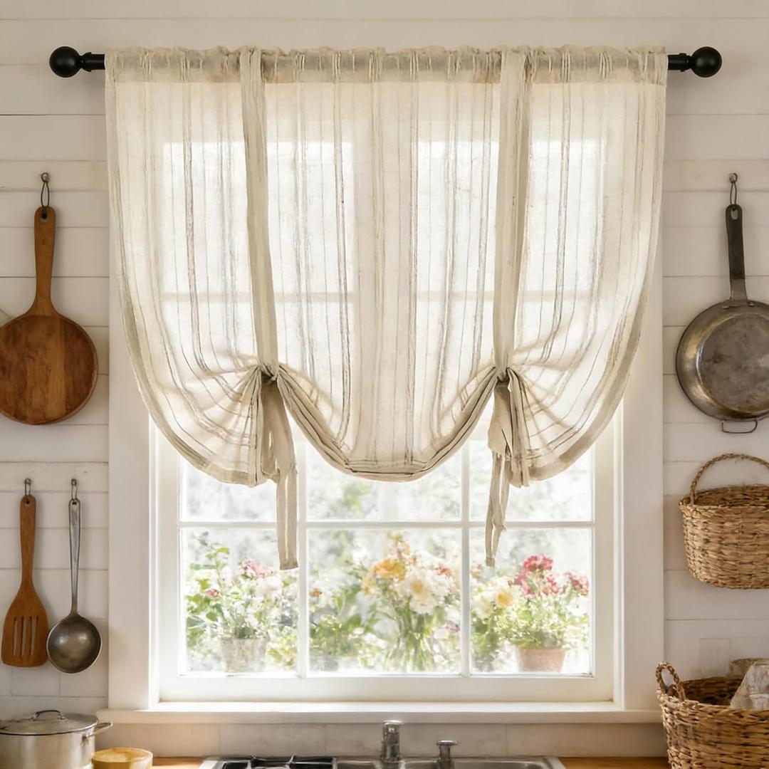 Gxi Beige Striped Sheer Curtain Tie Up Balloon Curtain for Kitchen Bathroom Rod Pocket Farmhouse Linen Voile Valance for Living Room Small Window 1 Panel Width 39 x 47 inches Length