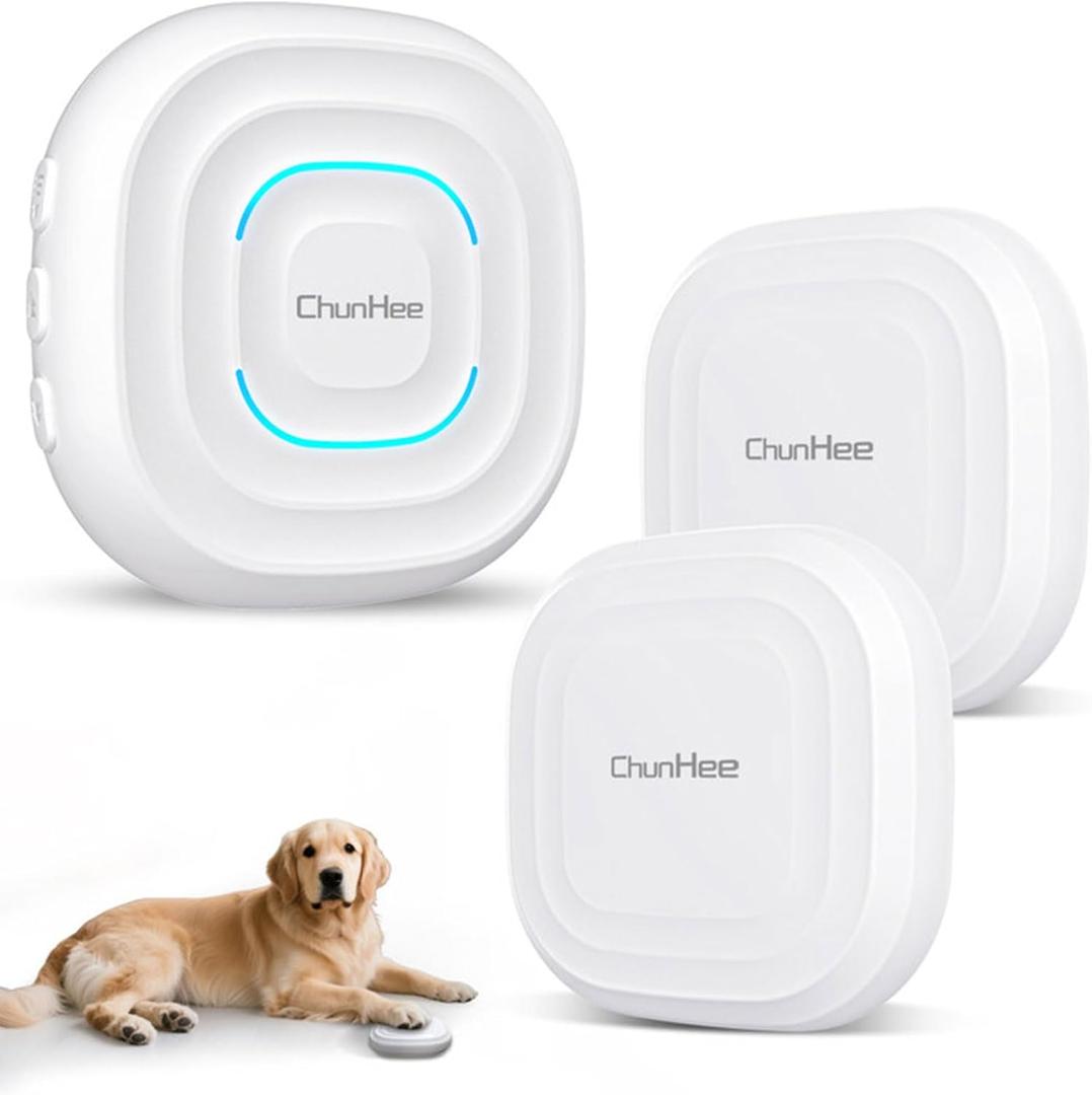 ChunHee Dog Door Bell for Potty Training Smart Wireless Dog Bell to Go Outside, 500Feet with IP55 Waterproof, 32 Melodies & 5 Volume Levels(1 Receiver + 2 Buttons)