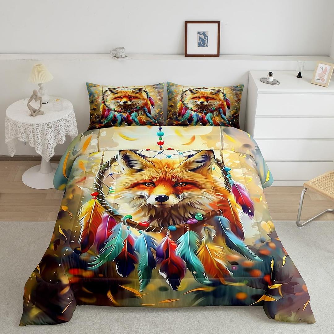 Manfei Cartoon Fox Kids Comforter Set Queen Size,Watercolor Dream Catcher Bedding Set,Boys Girls Room Decor,Cute Wild Animal Rustic Farmhouse Down Comforter,Brown Colorful Duvet Insert,2 Pillowcases