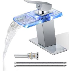 LED Bathroom Sink Faucet, Waterfall Single Handle Vanity Faucets for Sinks 1 Hole with Metal Pop Up Drain and 2 Water Supply Lines, Open Glass Spout by Bath Famoli (Chrome)