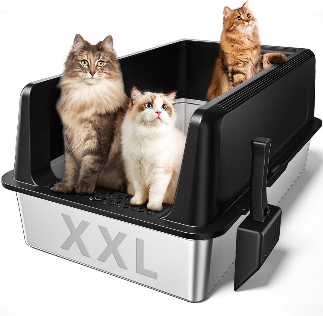 Zarler XXXL Stainless Steel Litter Box, Extra Large Cat Litter Boxes 27.8" L x 20" W x 12.9" H, Jumbo Metal Litter Box with Lid for Multiple Cats, High Sided, Non-Sticky, Anti-Urine Leakage (Black)