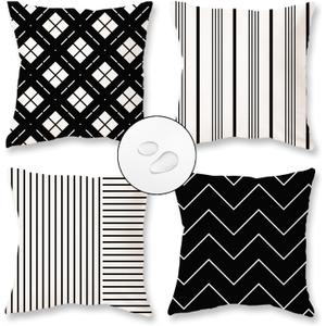 TAJWE Outdoor Waterproof Pillow Covers 16x16 Set of 4 Black and White Modern Geometry Stripe Decorative Cushion Cases for Patio Furniture Couch Porch