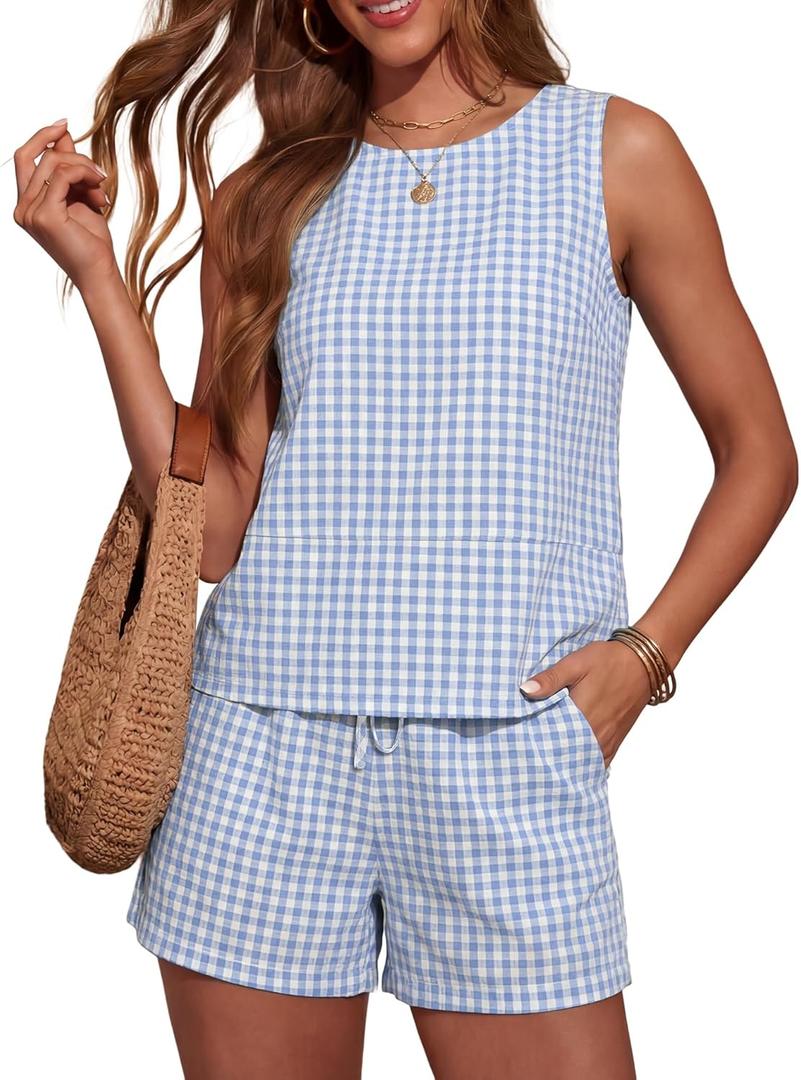 LOMON Women's Trendy 2 Piece Outfits Shorts Sets Summer Crew Neck Sleeveless Tank Top and Bottom Matching with Pockets 2026 (Medium, Light Blue & White Checkered)