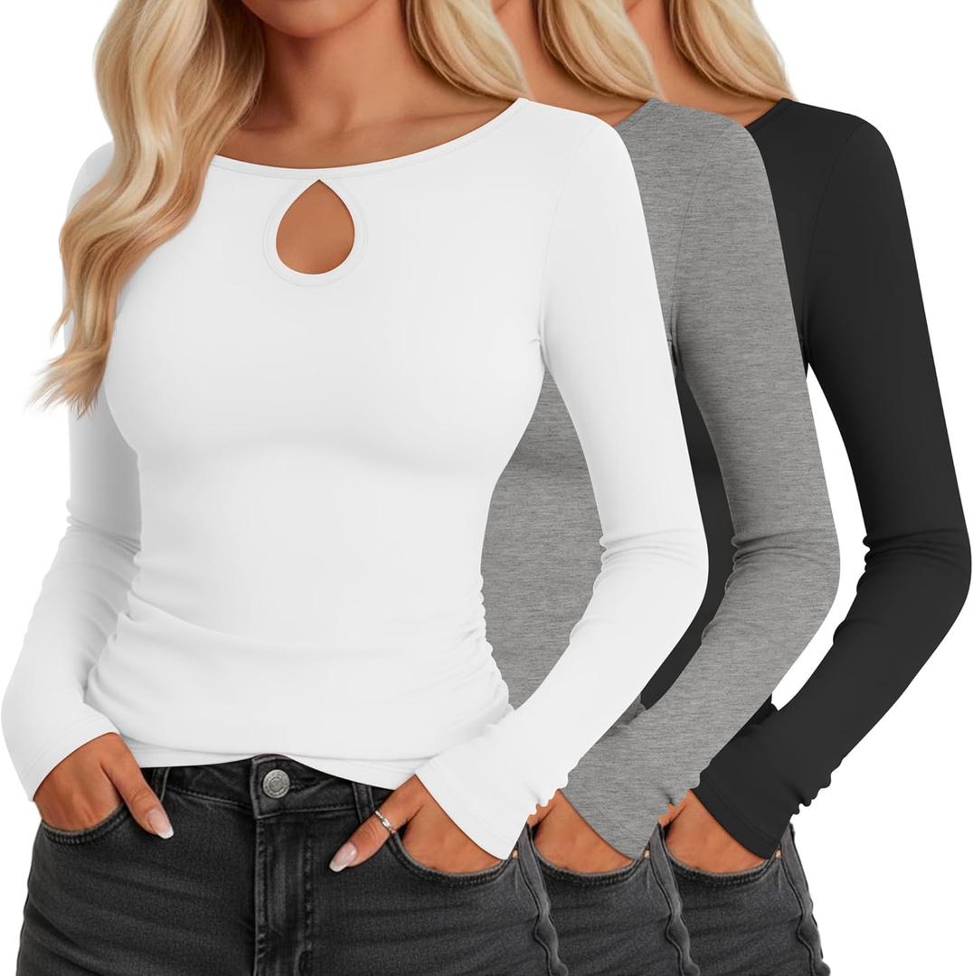 3 Pack Women's Long Sleeve Cutout Neck Keyhole Knit Shirts Slim Fit Stretchy Going Out Y2k Tops with Side Ruched (S)