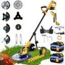 20000 RPM Electric Stringless Weed Wacker, Cordless Weed Eater Battery Powered 6000mAh, 4-in-1 Brush Cutter Heavy Duty/Weed Trimmer/Lawn Mower Edger W/Wheel Metal Blade, 2 Battery Garden Yard Tool