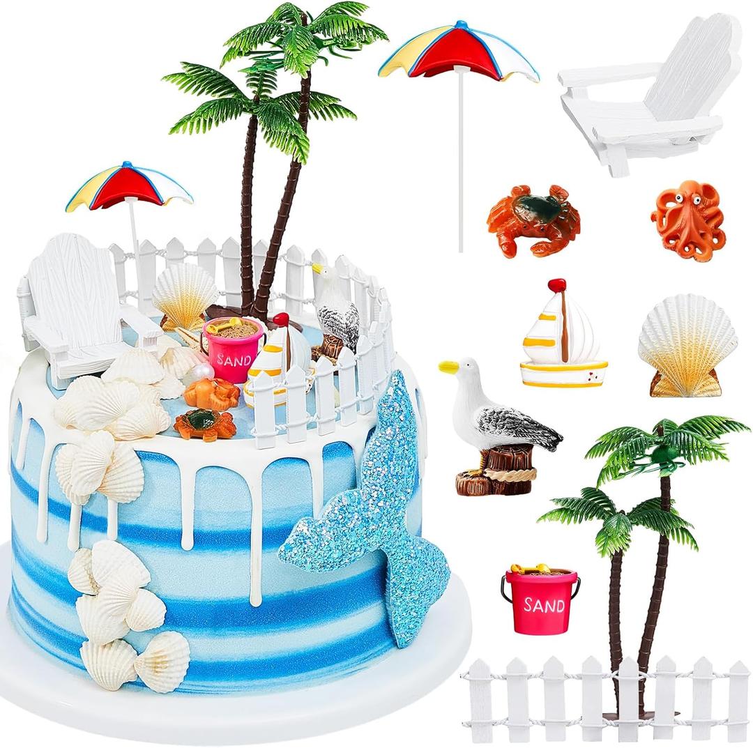 12 Pcs Hawaiian Beach Cake Decoration Summer Beach Chair and Umbrella Cake Toppers Green Palm Tree Toppers for Hawaiian Theme Birthday Wedding Party Baby Shower Party Decoration Supplies