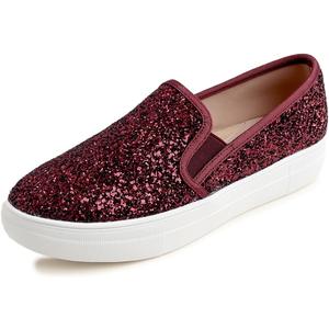 FEVERSOLE Women's Fashion Slip On Sneaker Casual Platform Loafers (7.5, Platform Burgundy Glitter)