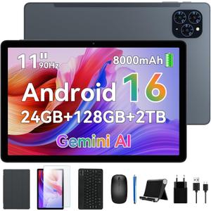 Android Tablet, 11 inch Android 16 Tablet, 8000mAh, 24GB RAM 128GB ROM 2TB Expand FHD Touchscreen, 13MP+5MP Dual Camera, Octa-core Processor, Gemini AI, GPS, Widevine L1