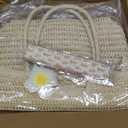 Straw Tote Bag for Women, Large Summer Beach Bag with Polka Dot Scarf & Plumeria Flower (Beige)