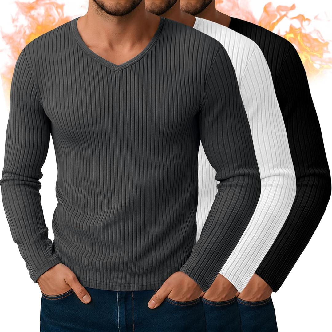3 Pack Men's V Neck Thermal Ribbed Shirts Cotton Long Sleeve Casual Underwear Slim Fit Stretchy Base Layer Tops (Large, Black, White, Charcoal Gray)