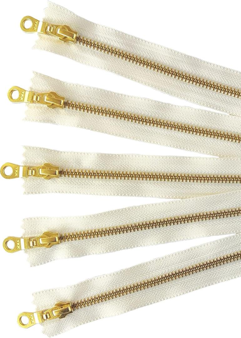 Golden Brass Metal Zippers in Vanilla/Cream/Offwhite with Donut Pull - #5 Closed-end Zippers - 8 Inch - Set of 5 Pieces by Craftbot