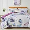 Yogeneg King Size Quilt Set, Elegant Floral Botanical Pattern Purple Bedding Set,3 Piece Lightweight Soft Summer Bedspread Coverlet with 2 PIillow Sham for All Season(Purple Floral,110"x96")