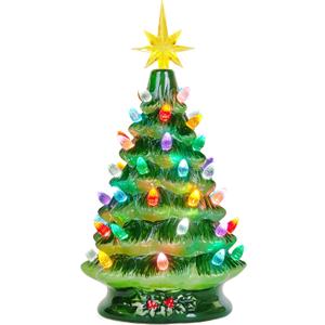 Joiedomi 12" Ceramic Christmas Tree, Table Top Christmas Tree with Flower Leaf, Vintage Pre-lit Xmas Decor with LED Lights, Battery Operated Hand-Painted Xmas Decorations Indoor Home (Green)