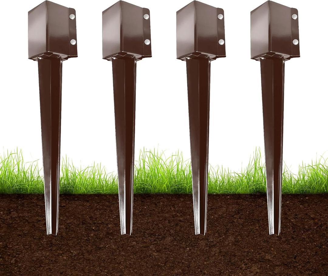 ARIFARO 4x4 Fence Post Anchor Ground Spike, 24 Inch Heavy Duty Powder Coated Metal Post Anchor for Mailbox, Fence & Garden Posts, Fits 3.5" x 3.5" Actual Post, Brown, Pack of 4