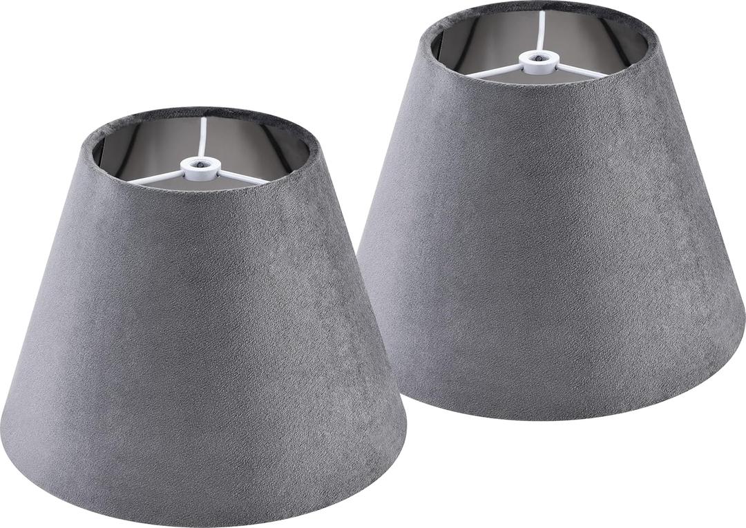 GOSO 5"9"6.4"(Spider) Gray Velvet Lamp Shades Set of 2 Small Drum, Rustic Lamp Shade for Table Lamps Wall Mount,Modern Bell Lampshades Replacement for Bedroom,No Assembly Required