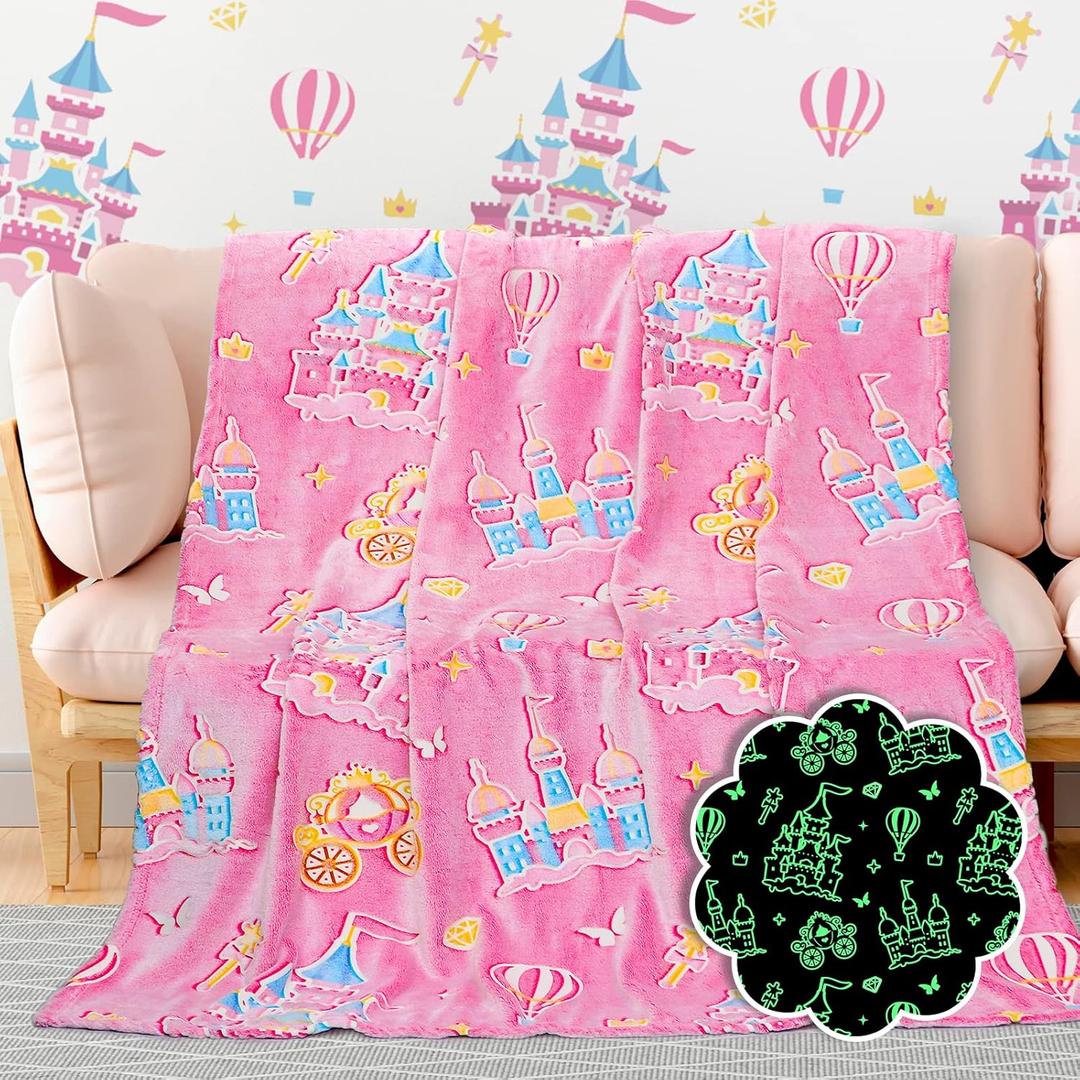 BORORO Glow in The Dark Princess Blanket for Girls Easter, Princess Castle Gifts Toys for Girls, Pink Throw Blanket for Couch Bed Room Decor, Soft Fleece Plush Bedding for Kids Toddlers 50" x60
