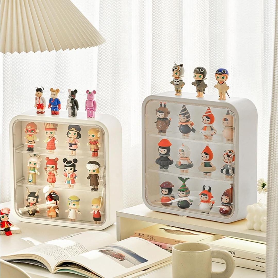 APACALI Display Case for Figures, 12x12x3 Inch Clear Display Case Desktop Organizer Shelf Milky White Wall Mounted Storage Box for Collectibles