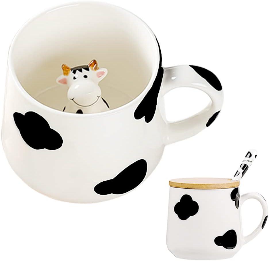 BigNoseDeer Cute Ceramic Cow Mug with 3D Cow Inside, Cow Print Coffee Mug, Cute Mugs with Lid Spoon, Cute Stuff Cool stuff Birthday Gifts Anime Gifts for Women Girlfrend Kids 13oz