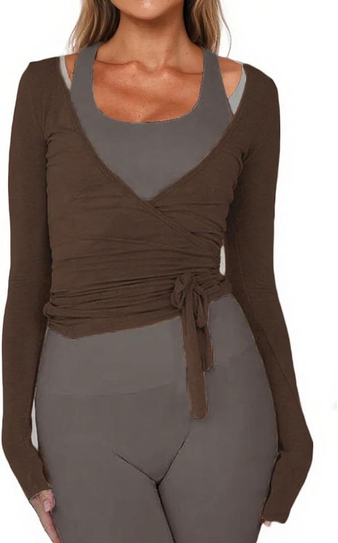 Women Ballet Wrap Top Long Sleeve Self Tie Dance Shirt Pilates Yoga Tops Y2k Workout Active Blouses (Small, Brown)