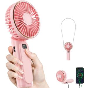 Portable Handheld Fan, 4000mAh, 180 Adjustable, 6 Speed Wind, USB Rechargeable Foldable Fan with Real-Time Display (Pink)
