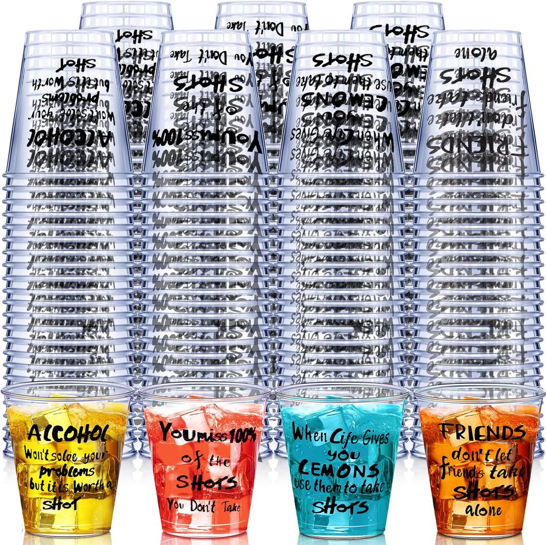 Peryiter 100 Pcs Plastic Shot Glasses 1.5 oz Disposable Cups Bulk Clear Plastic Sample Cups Transparent Tasting Mugs Wine Whiskey Container Fun Design for Party Birthday Supplies Wedding, 4 Styles