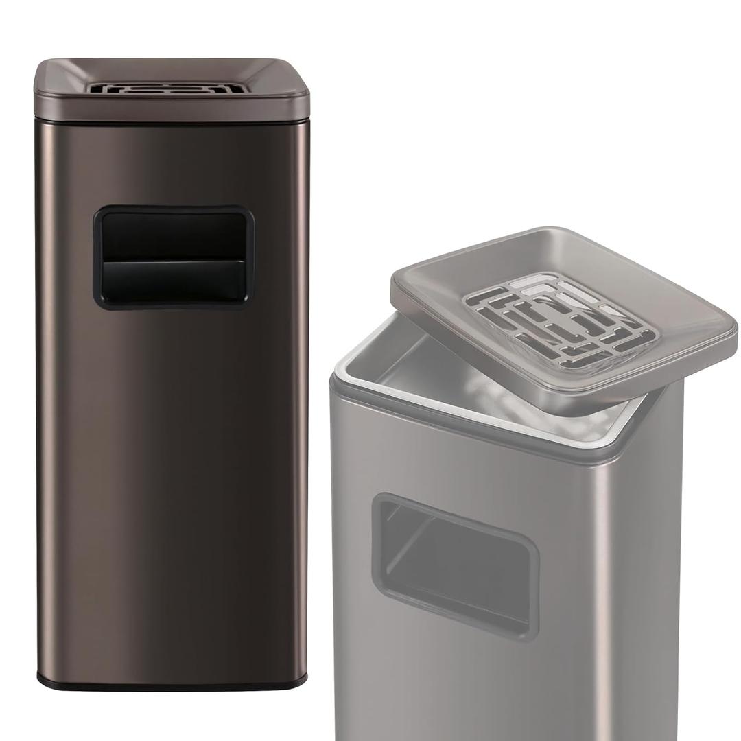 IRONWALLS Indoor Outdoor Garbage Can, Black Stainless Steel Commercial Trash Can with Lid, Industrial Waste Container, Decorative Trash Receptacle for Patio, Shopping Center, Office