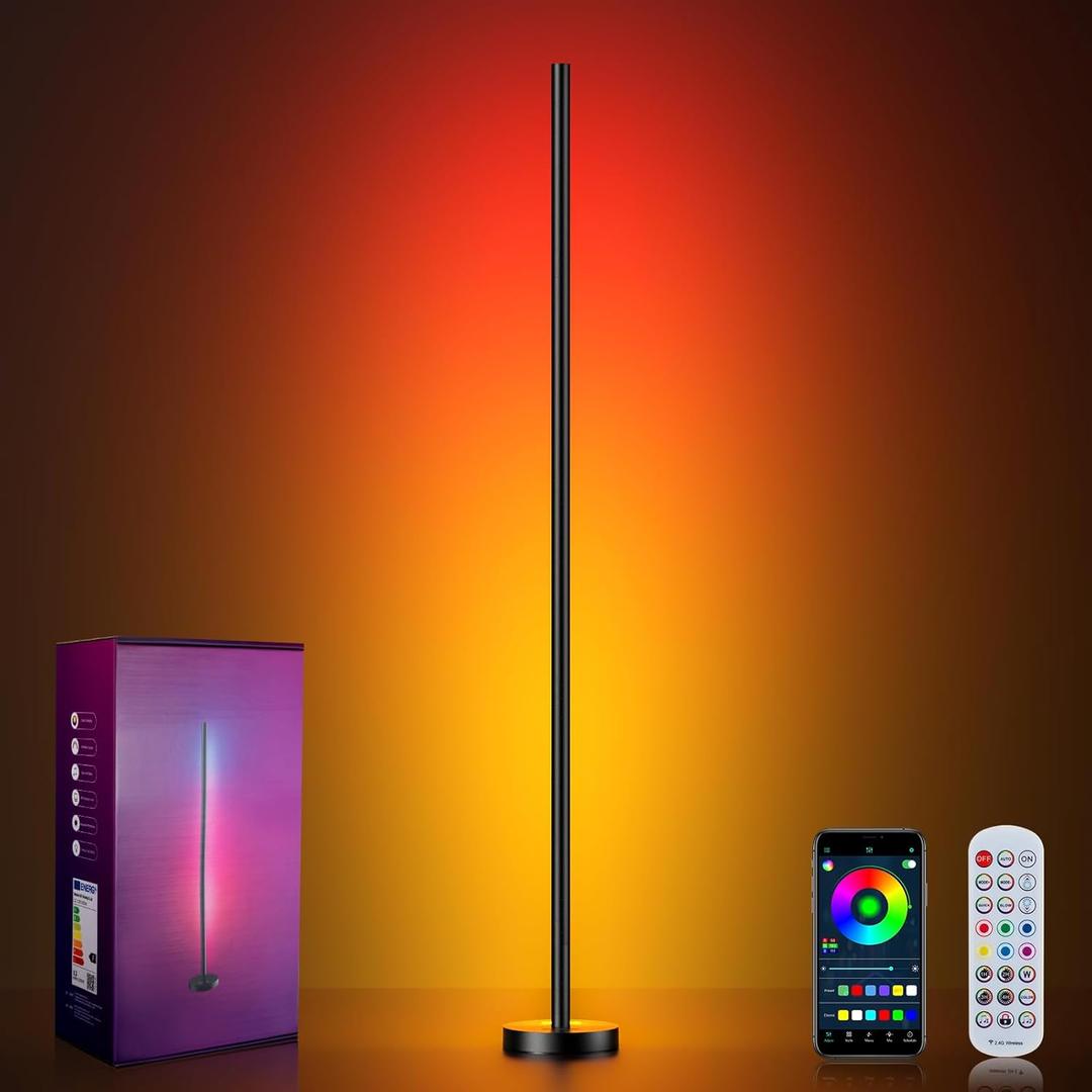 OIYN Smart RGBICW LED Corner Floor Lamp - 16 Million DIY Colors, 68+ Scenes, Music Sync, App & Remote Control, Color-Changing Ambient Lighting for Living Rooms, Bedrooms, and Gaming Rooms (1 Pack Black)