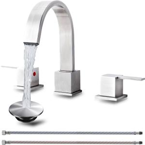 Brushed Nickel Bathroom Faucet 3 Hole, VAPSINT 8 Inch Widespread Waterfall 3 Piece Bathroom Sink Faucet, 2 Handle 360 Swivel Spout Vanity Faucets for RV Lavatory with Pop Up Drain & Supply Hoses