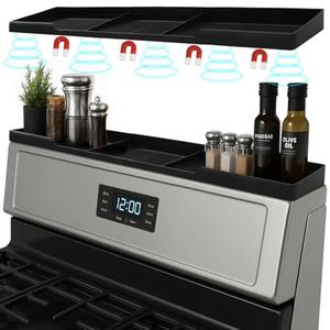 Silicone Magnetic Stove Shelf For Back Of Stove - Over The Stove Shelf, Magnetic Stove Top Shelf, Over The Stove Spice Rack, Oven Shelf For Top Of Stove, Heat Resistant, Includes 6 Extra Plates, Black