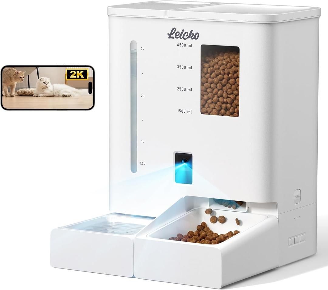 Leicko Automatic Cat Feeder with Camera, 5G/2.4G WiFi Pet Feeder,2K HD Video and Night Vision, Easy APP Operation, Low Food and Food Clogging APP Tips,  Water and Grain Large Capacity Feeder
