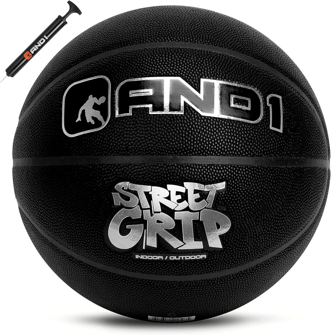 AND1 Street Grip Premium Composite Leather Basketball & Pump- Official Size 7 (29.5) Streetball, Made for Indoor and Outdoor Basketball Games (Black)